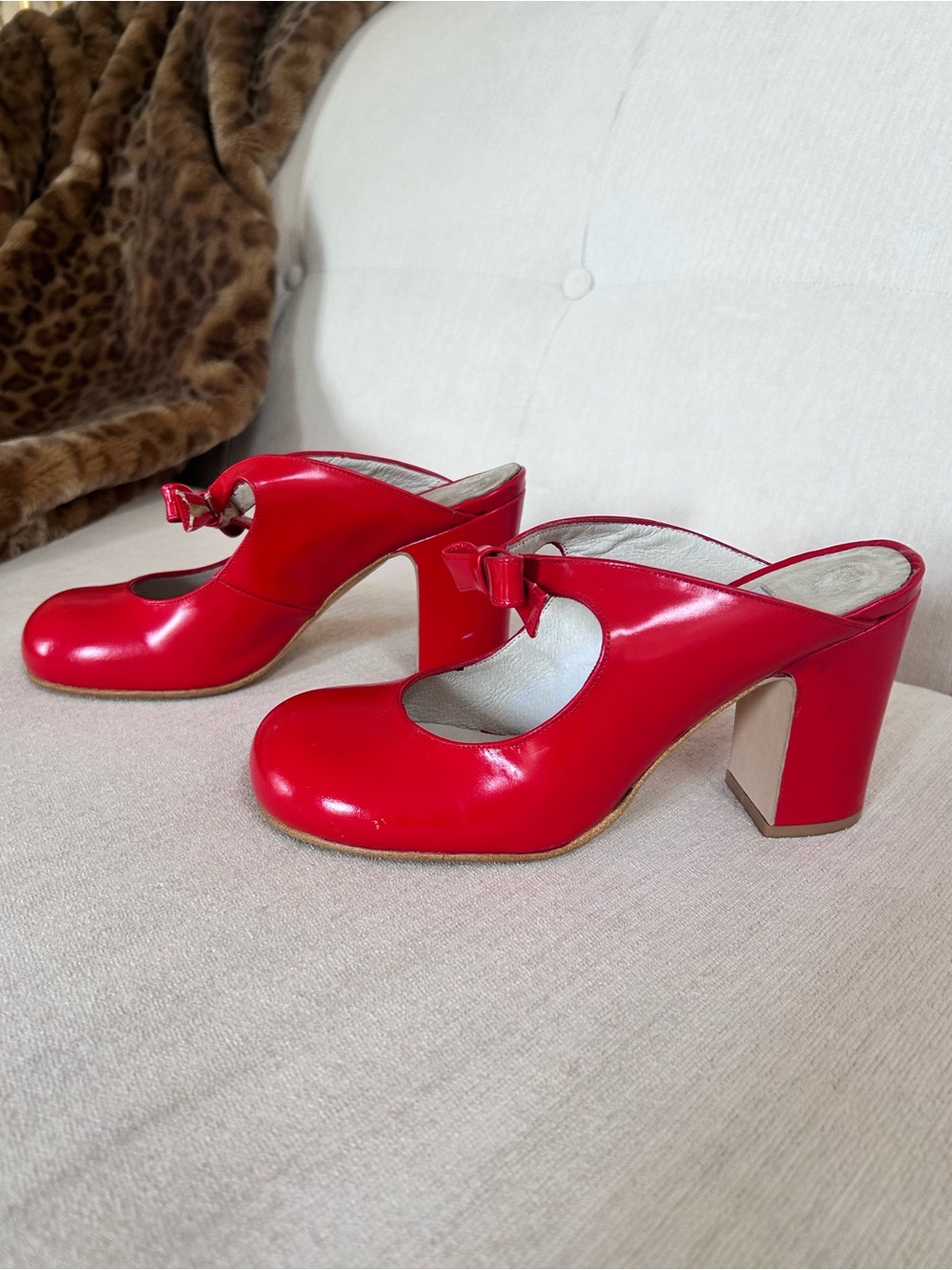 Bright Red Leather Mary Jane Retro Block Heel Mules with Bow Accent